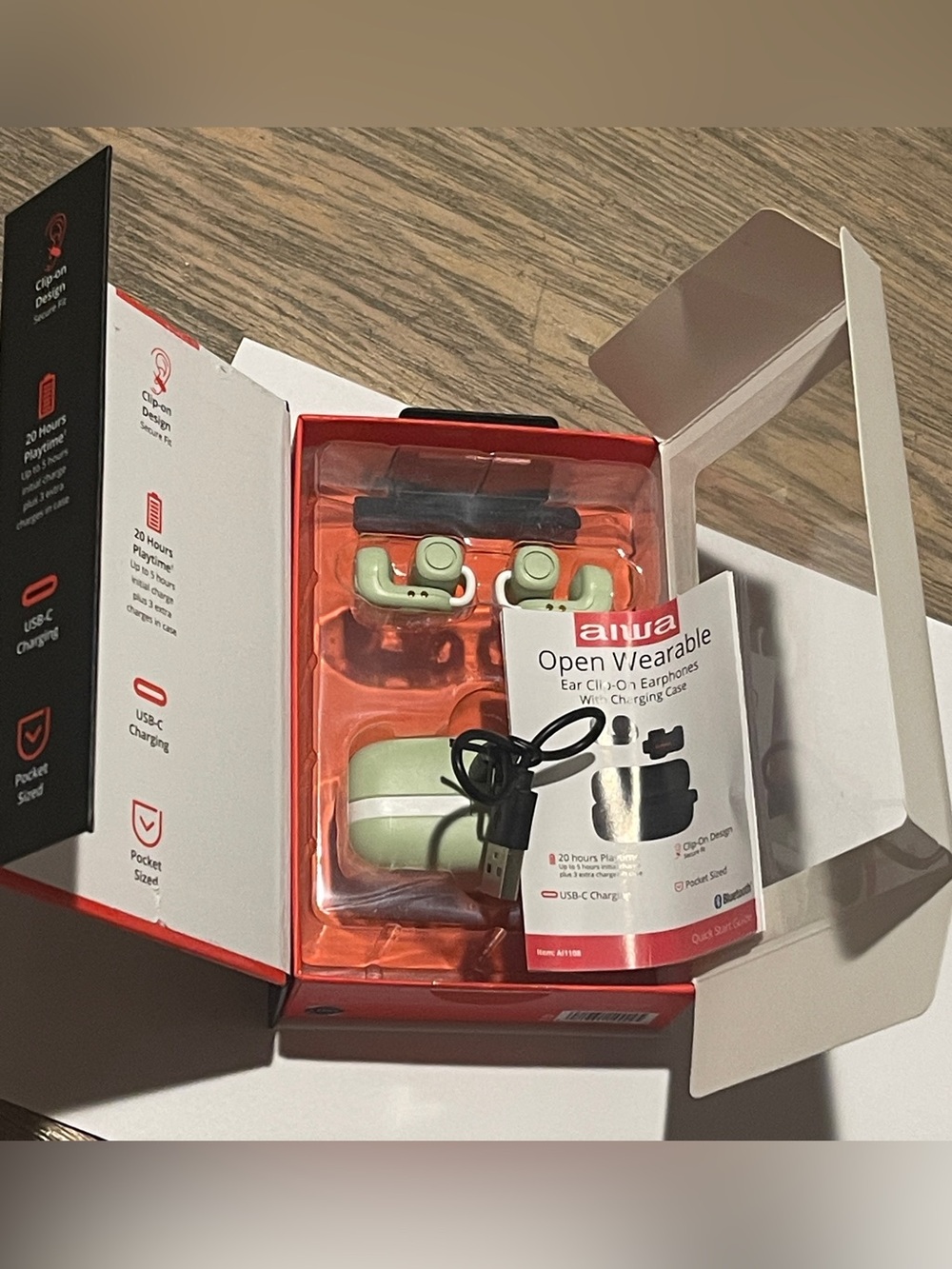 Aiwa Open Wearable Wireless Earbuds in Light Green w/ Charging Case
